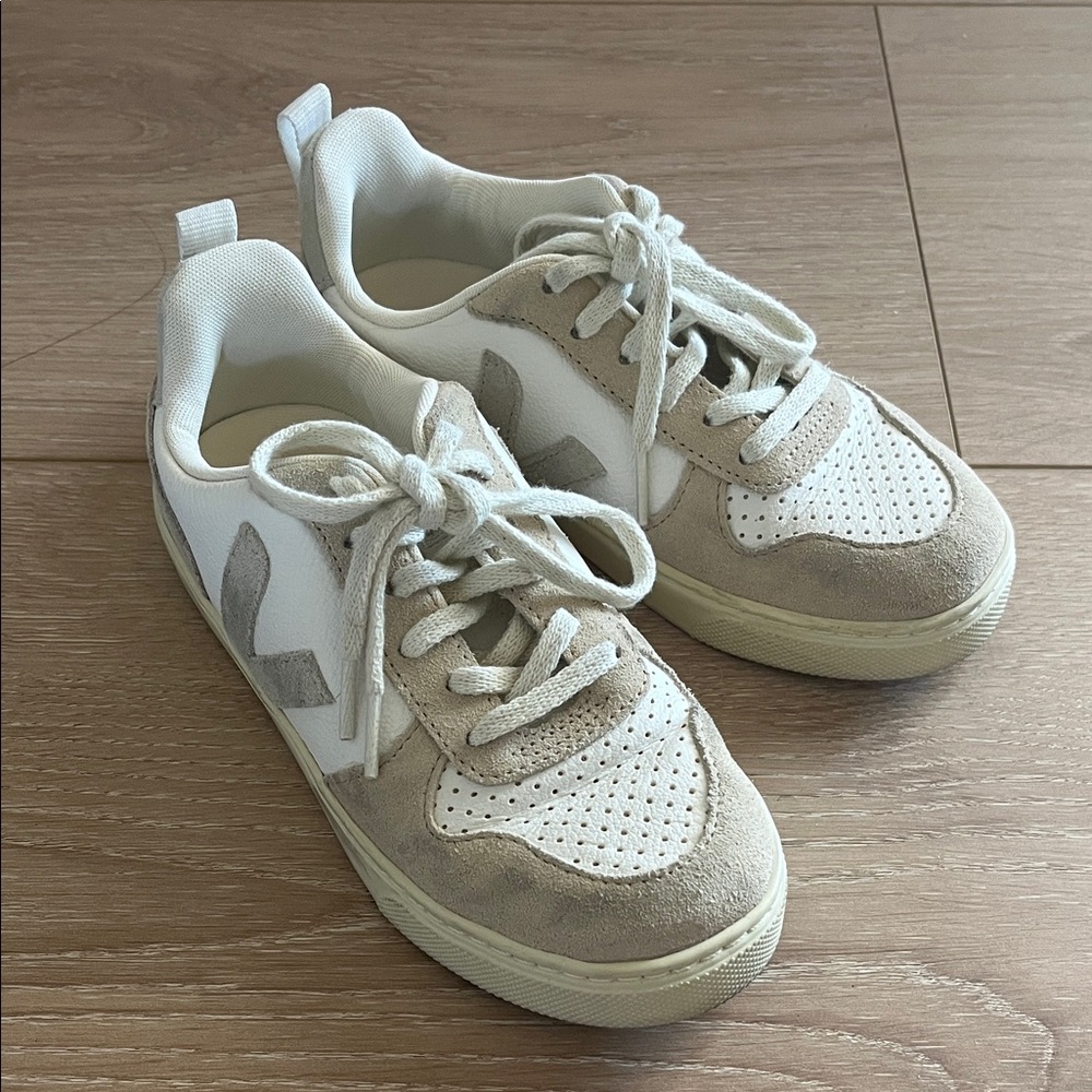 Boy's Veja V-10 Leather Cream and White Almond Sneakers